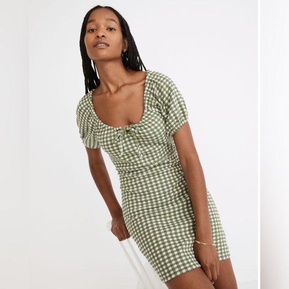 Madewell Dresses & Skirts - Madewell Jacquard Puff Sleeve Mini Dress‎ Green Gingham Check XS Cottagecore